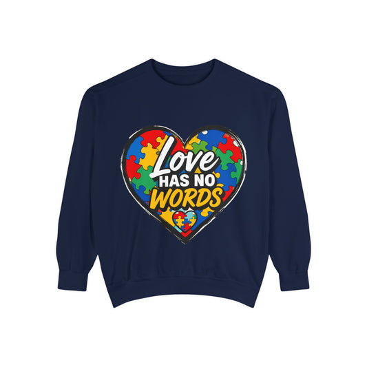 Crewneck "Love Has No Words" Puzzle Piece Sweatshirt - Autism Awareness Heart Sweatshirt