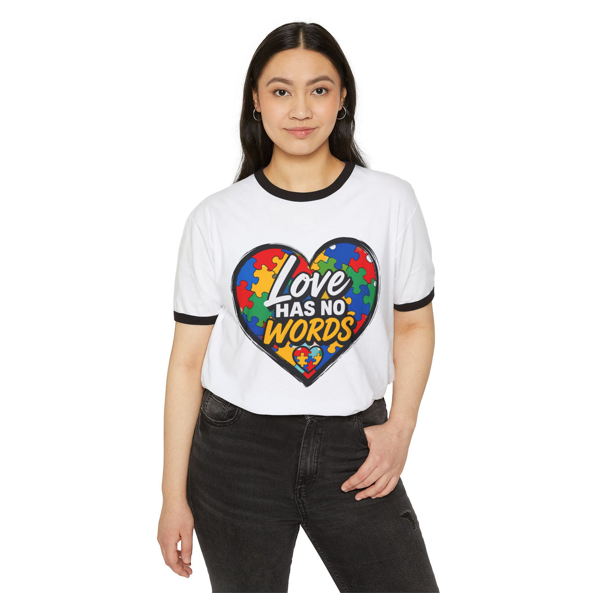 Autism Awareness Ringer T-Shirt — "Love Has No Words" Puzzle Heart