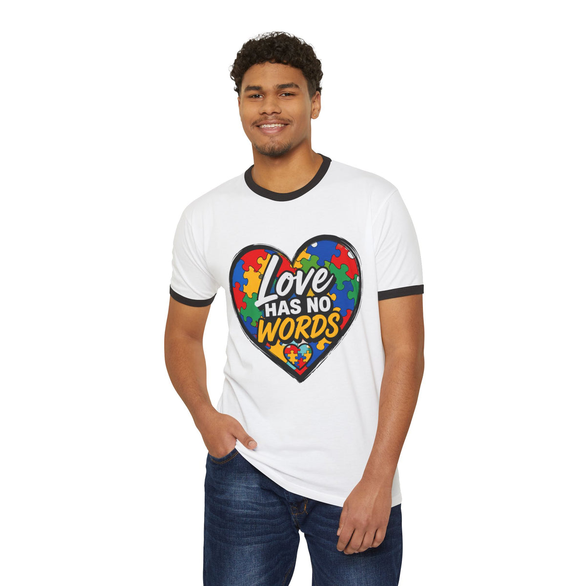 Autism Awareness Ringer T-Shirt — "Love Has No Words" Puzzle Heart