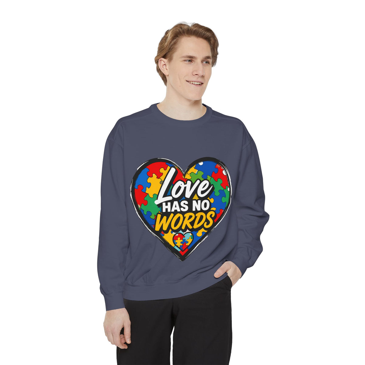 Crewneck "Love Has No Words" Puzzle Piece Sweatshirt  - Autism Awareness Heart Sweatshirt