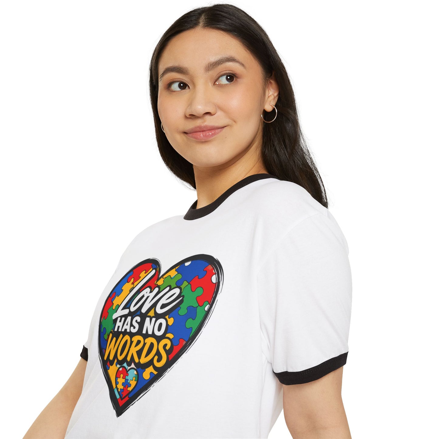 Autism Awareness Ringer T-Shirt — "Love Has No Words" Puzzle Heart