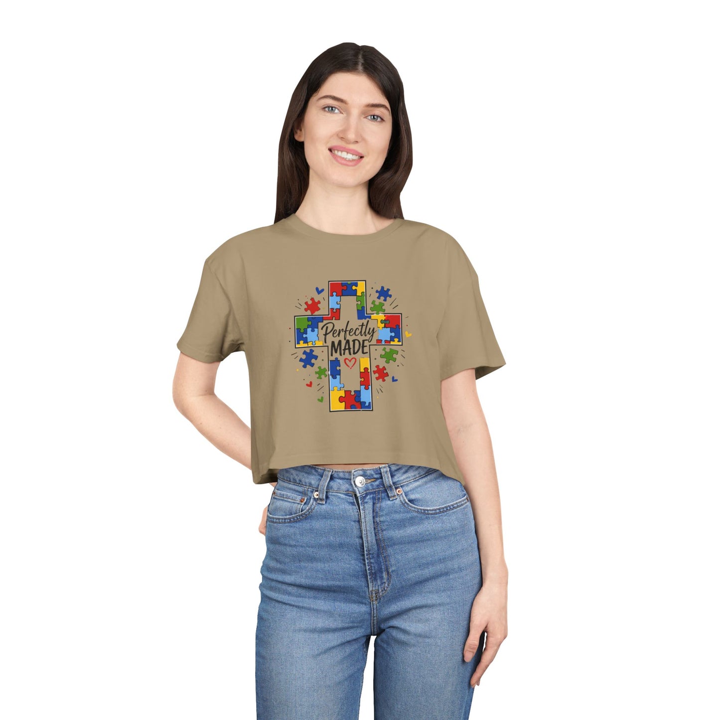 Crop Tee — 'Perfectly Made' Puzzle Cross Autism Awareness Top