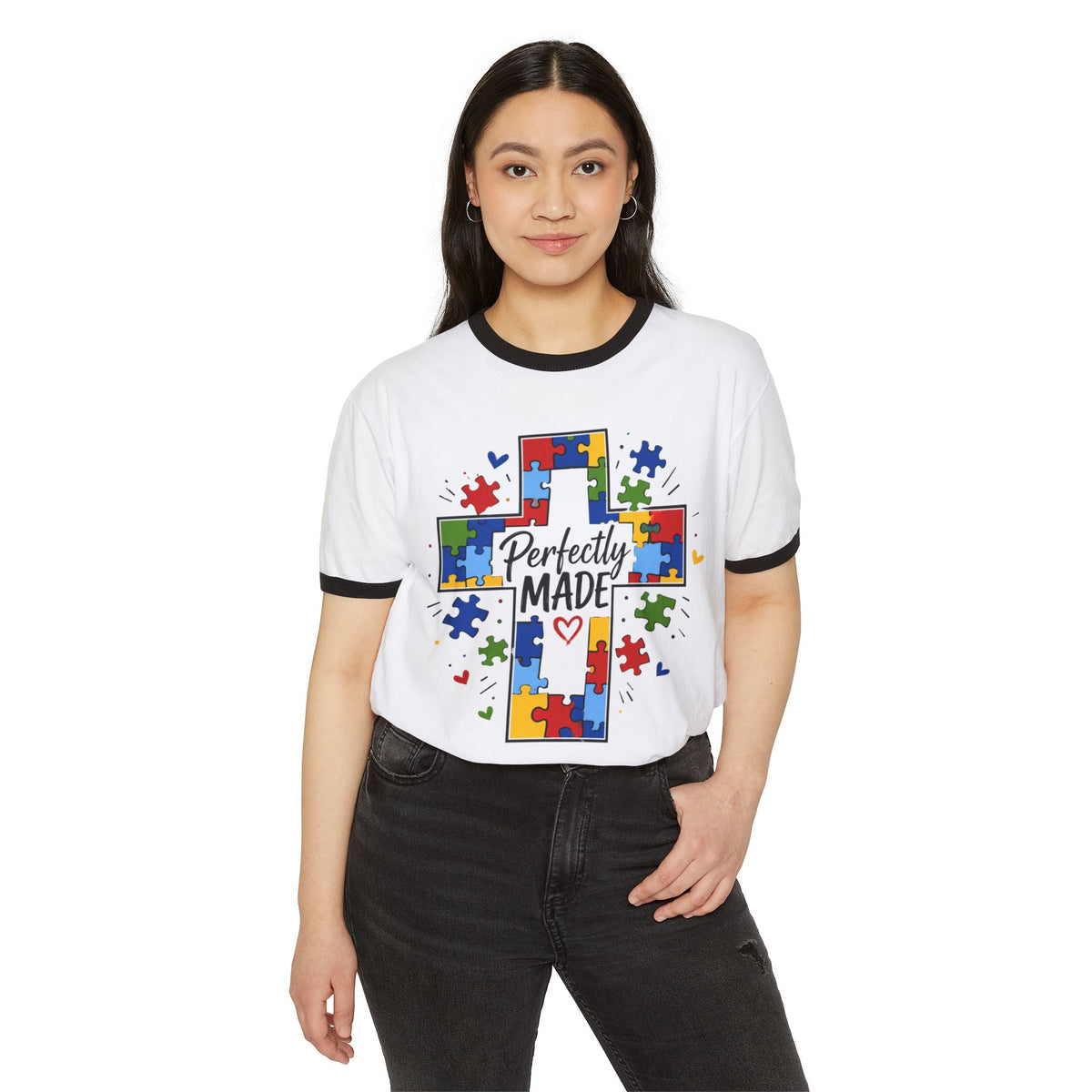 Autism Awareness Cross Ringer T-Shirt — "Perfectly Made"
