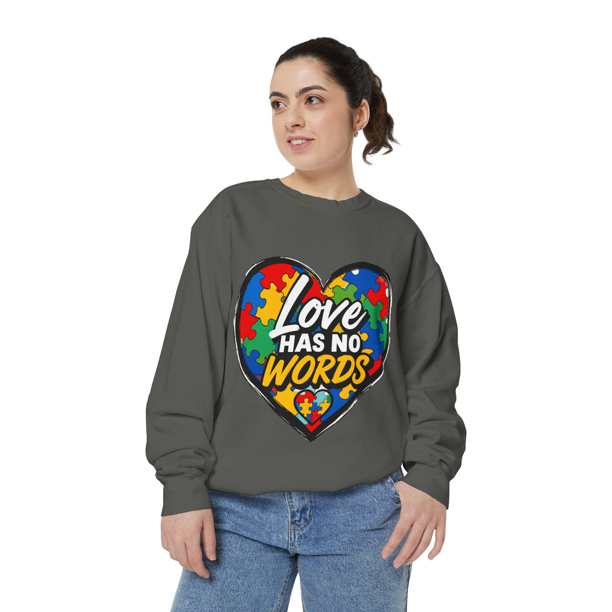Crewneck "Love Has No Words" Puzzle Piece Sweatshirt  - Autism Awareness Heart Sweatshirt