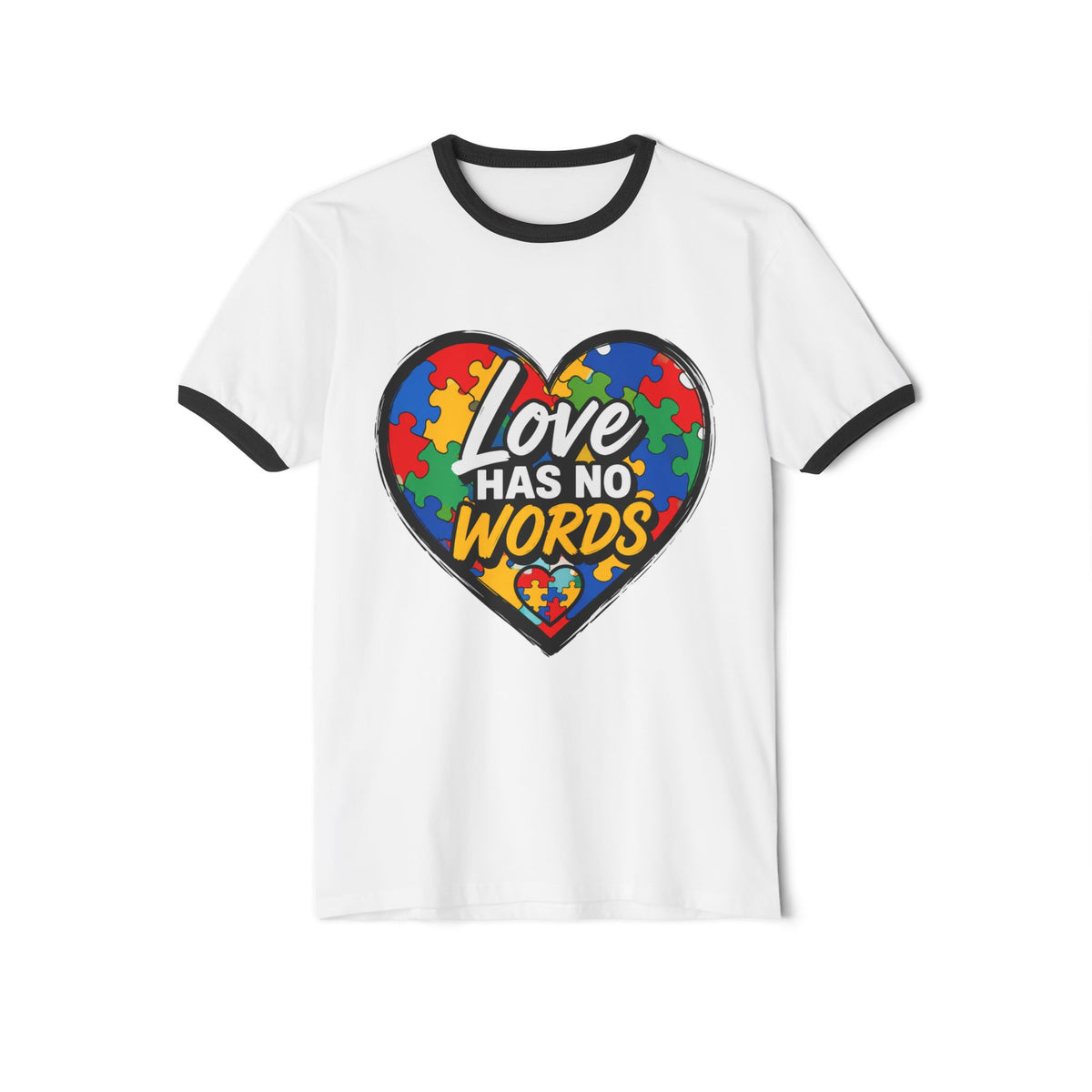 Autism Awareness Ringer T-Shirt — "Love Has No Words" Puzzle Heart