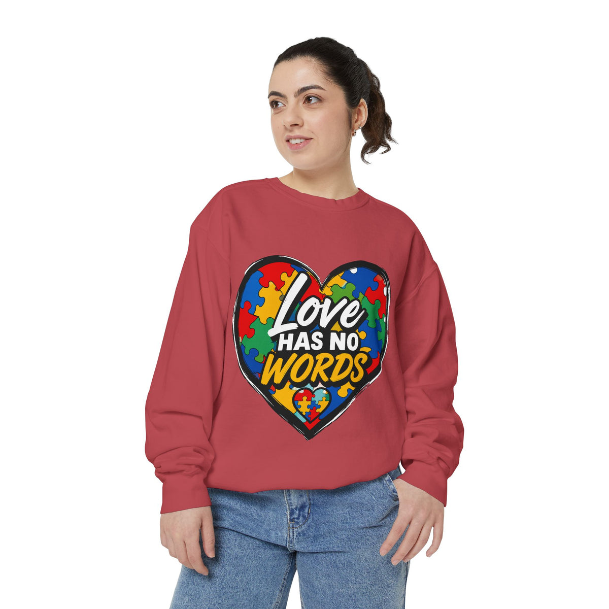 Crewneck "Love Has No Words" Puzzle Piece Sweatshirt  - Autism Awareness Heart Sweatshirt