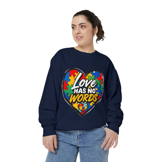 Crewneck "Love Has No Words" Puzzle Piece Sweatshirt  - Autism Awareness Heart Sweatshirt
