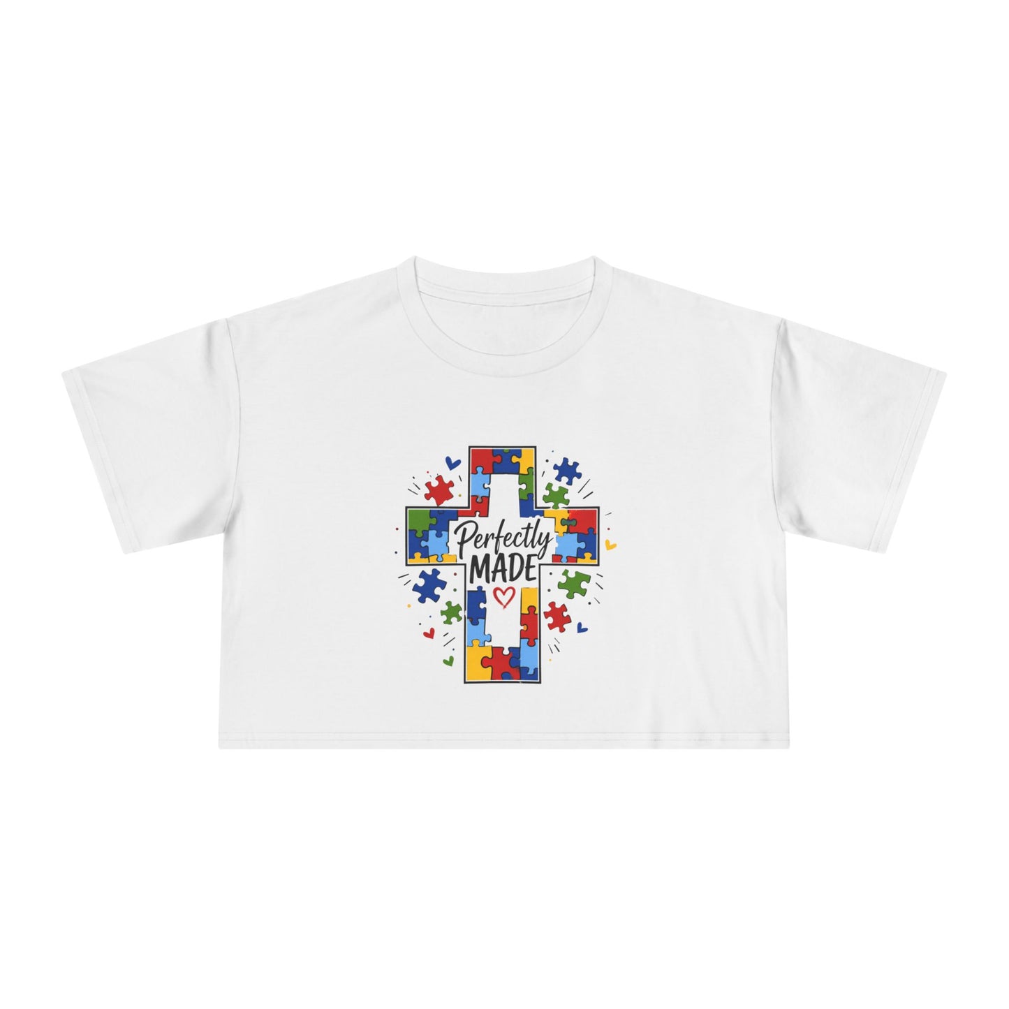 Crop Tee — 'Perfectly Made' Puzzle Cross Autism Awareness Top