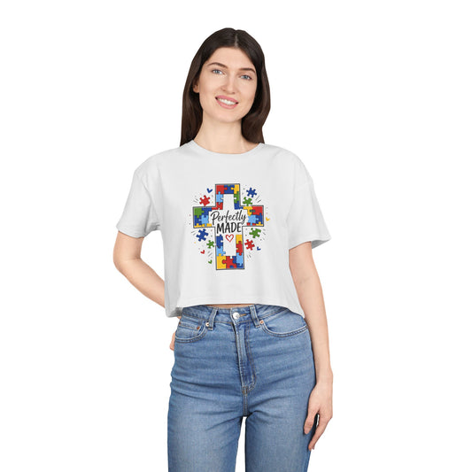 Crop Tee — 'Perfectly Made' Puzzle Cross Autism Awareness Top
