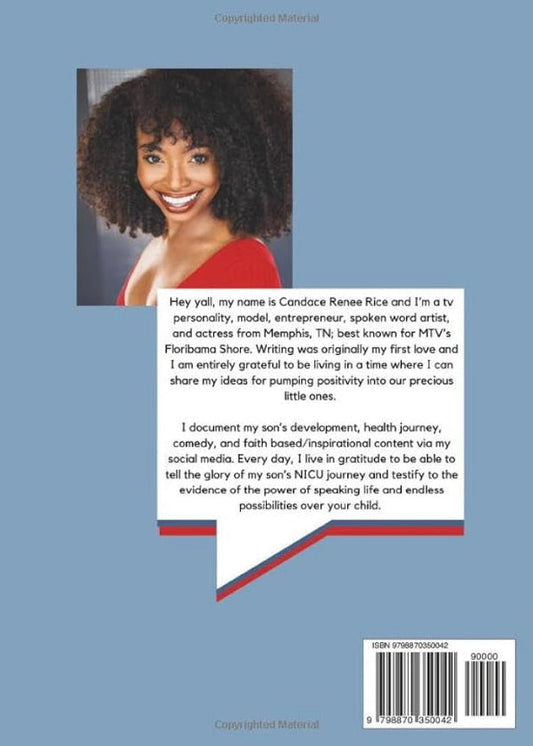 A book cover preview for 'A Beautiful Creation' by Candace Renee Rice, showing the back cover with a portrait, text, and barcode on a light blue background.